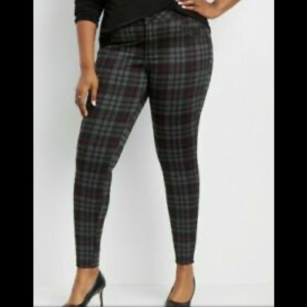 Maurices Plaid Ponte Knit Skinny Ankle Pant XL Gray Black Burgundy Casual School